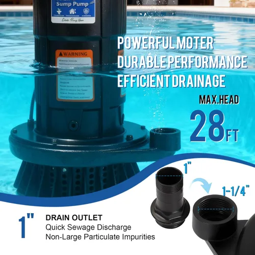 Miniatura 6 de Bomba de sumidero sumergible de 1.0 HP, bomba de agua automática con flujo alto de 4700 GPH, cabezal máximo de 18 pies, para eliminación de agua