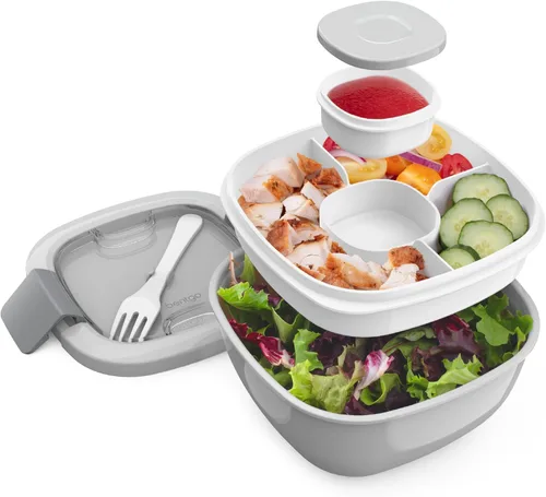 Miniatura 10 de Bentgo Recipiente para ensalada – Tazón de 54 onzas con bandeja de 4 compartimentos para aderezos, recipiente a prueba de fugas, tenedor Caqui Verde