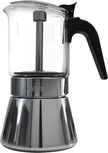 London Sip - Cafetera de café expreso de vidrio y acero inoxidable para estufa, olla moka, percolador de café italiano, vidrio, pequeña (5.07 onzas)