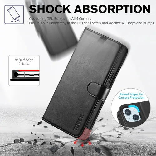 Miniatura 6 de TUCCH Funda tipo cartera para iPhone 15 Plus, [bloqueo RFID] 4 tarjeteros con función atril [funda interior de TPU a prueba de golpes] Funda Negro