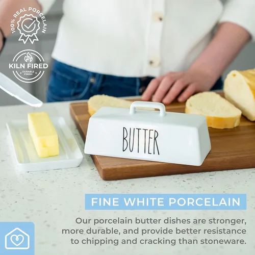 Miniatura 5 de Heartland Home Mantequera Cubierta de Porcelana con Tapa para Encimera (Tapa con Asa). Contenedor de Mantequilla de 7.6" x 3.8" pulgadas para Una
