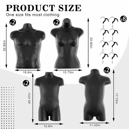 Miniatura 2 de Briwooody 8 piezas de maniquí colgante negro con gancho de suspensión, macho, hembra, niño y niño pequeño, maniquí colgante cuerpo conjunto familiar