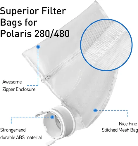 Miniatura 2 de Bolsas de malla de nailon para limpiadores de piscinas, bolsa de repuesto con cremallera para Polaris 280 y 480, bolsa de filtro multiusos para 280