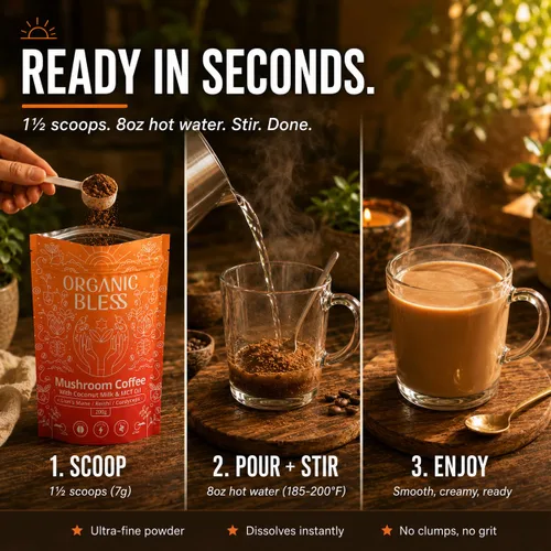 Miniatura 6 de Organic Bless Café instantáneo de hongos con melena de león, reishi y cordyceps – Leche de coco y aceite MCT para una energía suave y concentración