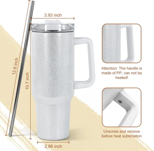 Miniatura 2 de AGH Paquete de 4 vasos de sublimación blancos con purpurina de 40 onzas con popote y tapa de acero inoxidable, vasos aislados al vacío de doble