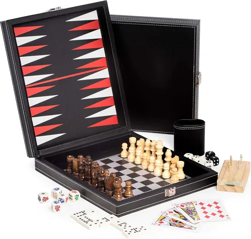 Juego múltiple de cuero negro con costuras de contraste. Incluye ajedrez y backgammon con piezas de juego boscosas y taza de dados, juego de dominó,