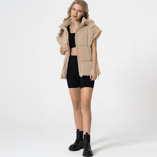Miniatura 42 de Shiyifa Chaleco acolchado para mujer, chaqueta de gran tamaño, sin mangas, ligera, con cremallera, con capucha desmontable