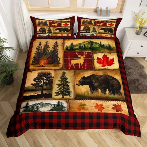Miniatura 40 de Funda de edredón rústica tamaño Queen, juego de ropa de cama retro para cabaña de cabaña, oso de caza, ciervo, hojas de arce, funda de edredón