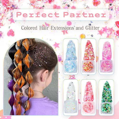 Miniatura 4 de Extensiones de cabello de colores, extensión de cabello liso con clip de 22 pulgadas, extensiones de cabello con brillantina multicolor arcoíris