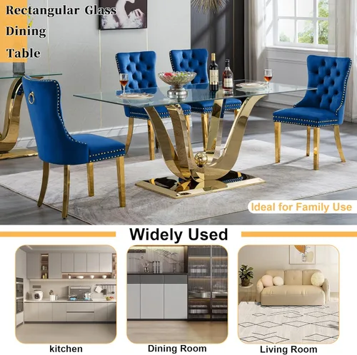 Miniatura 7 de Mesa de comedor moderna de vidrio de 70 pulgadas para 6-8, mesa de comedor de cristal dorado de lujo con base de acero inoxidable en forma de flores