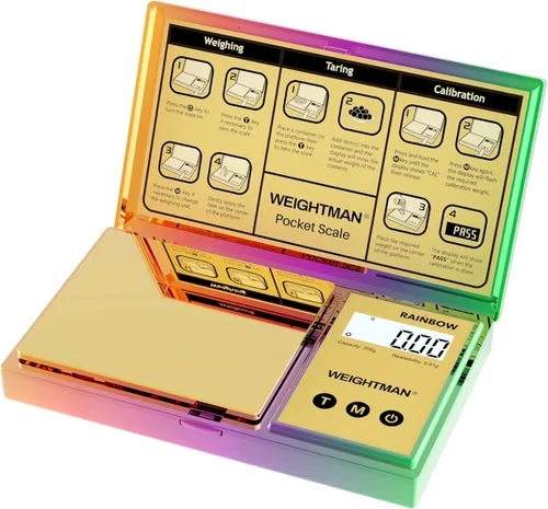 WEIGHTMAN Báscula digital brillante de gramos, 7.05 oz x 0.01, mini báscula cromada arcoíris para alimentos y gramos, báscula de bolsillo con Multi