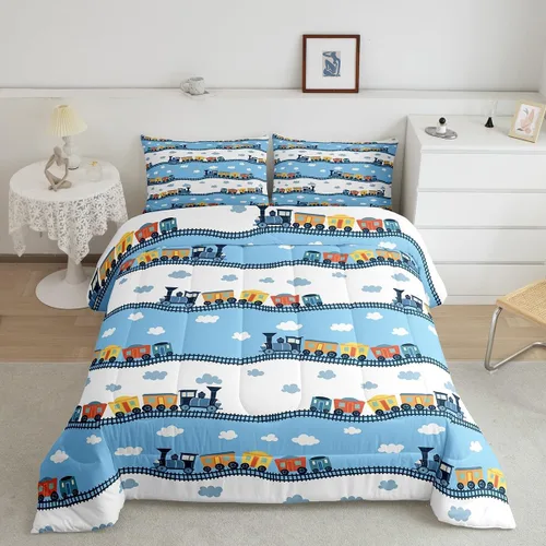 Miniatura 2 de Erosebridal Juego de edredón de tren de locomotora para niños, tamaño individual, lindo juego de ropa de cama con motor de vapor para niños y niñas