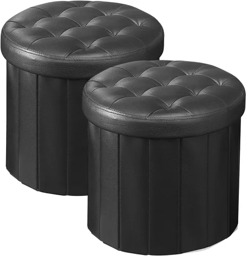 Miniatura 15 de Bsketa® Otomana plegable redonda de almacenamiento de 14 x 14 x 13 pulgadas, taburete de pie con asiento acolchado de espuma más gruesa, banco Negro