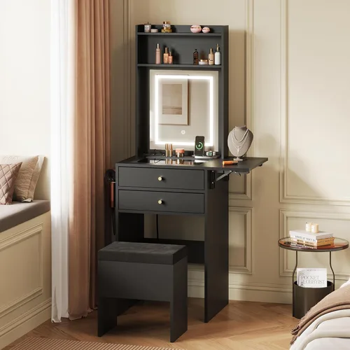 WLIVE Pequeño escritorio negro con espejo y luces, juego de tocador de maquillaje compacto con panel plegable y silla, tocador con estación de carga