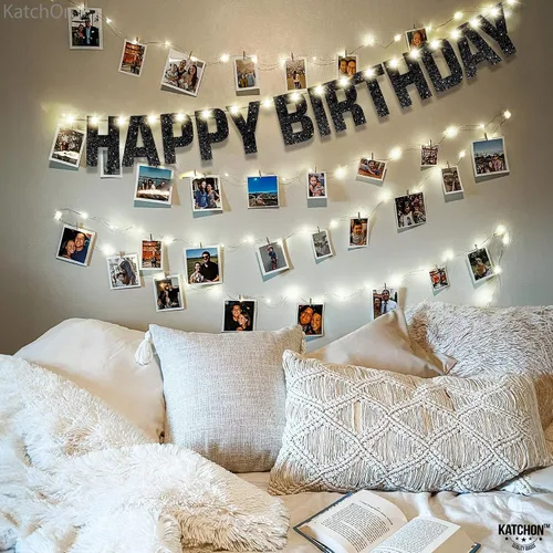 Miniatura 5 de KatchOn, Cartel de feliz cumpleaños negro con purpurina iluminada – Prestrung, 10 pies Letrero iluminado de feliz cumpleaños Decoraciones