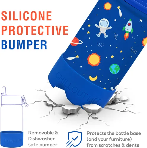 Miniatura 4 de CHILLOUT LIFE Botella de agua aislada para niños de 12 onzas para la escuela con tapa con pajita, a prueba de fugas y bonitas calcomanías Espacio