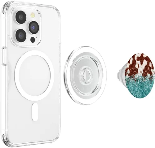 Miniatura 4 de PopSockets MagSafe PopGrip de cuero de vaca marrón con estampado de vaca para iPhone