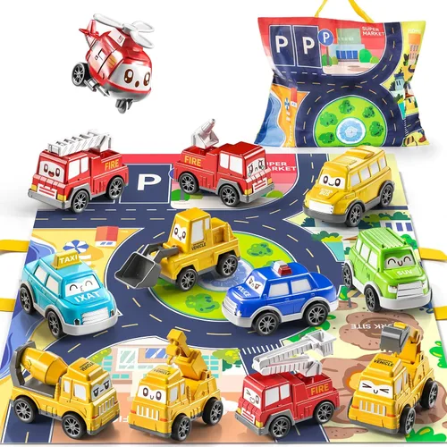 TEMI - Juguetes de coches tirados para niños pequeños de 1, 2, 3 años para niños y niñas, 12 piezas de juguetes de coches para bebés con alfombrilla
