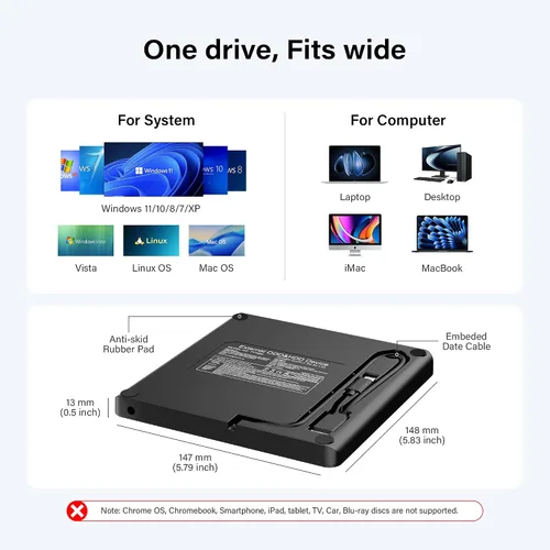 Miniatura 4 de Amicool Grabador externo USB-C USB 3.0 CD/DVD +/-RW, lector de DVD portátil ultrafino para Mac iMac MacBook, Windows 11/10/8 Linux, computadora