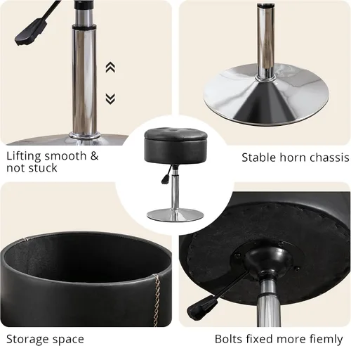 Miniatura 5 de LUE BONA Taburete giratorio de 360° para sala de maquillaje, taburete ajustable en altura para tocador con almacenamiento, pequeño cuero sintético