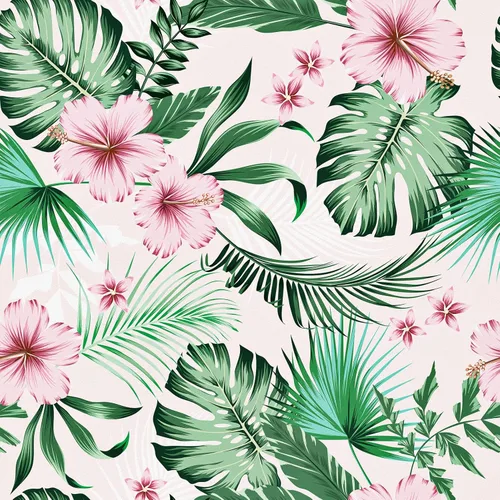 WESTICK Papel tapiz de hojas para despegar y pegar, hojas de palma botánicas tropicales con flores de hibisco rosadas, papel de pared autoadhesivo,