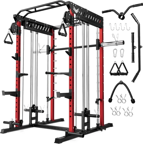 JELENS M21 - Máquina Smith, jaula de potencia multifunción con sistema de cruce de cable de polea doble, banco de sentadillas todo en uno de 907 kg