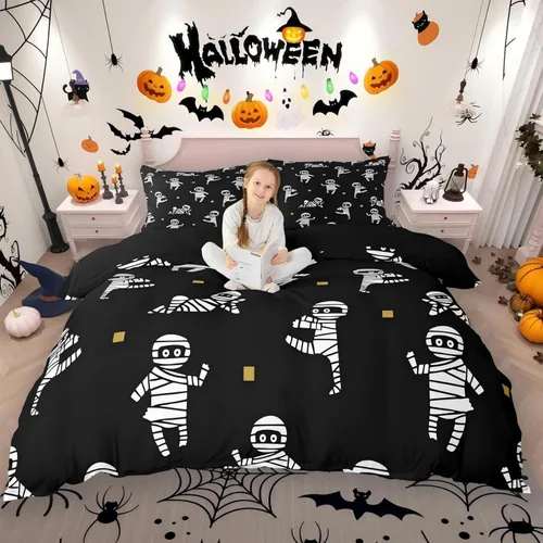 Miniatura 36 de Erosebridal Juego de ropa de cama de murciélago de Halloween, tamaño individual, con purpurina y estrellas, galaxia, funda de edredón para niños