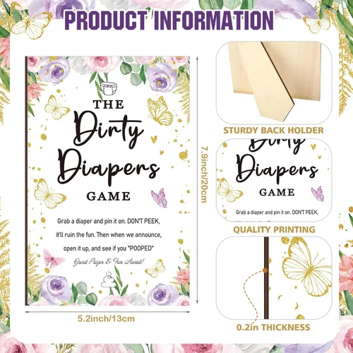 Miniatura 3 de BBTO 51 piezas de pañales sucios para baby shower, juego de mariposa para baby shower, divertido letrero de madera, 50 piezas, mini pañal de fieltro
