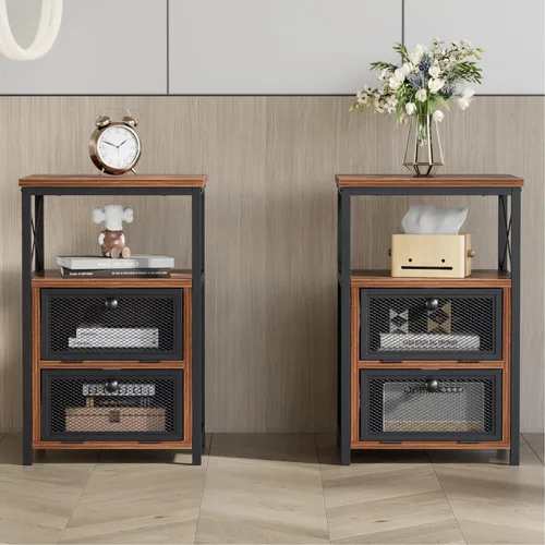 Miniatura 14 de VECELO Juego de 2 mesitas de noche, mesa auxiliar con cajón abatible, moderna mesita de noche para dormitorio, sala de estar, oficina, fácil