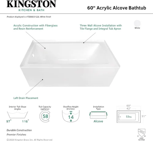 Miniatura 7 de KINGSTON BRASS VTDE603122L - Bañera de acrílico de 60 pulgadas para nicho contemporáneo, con desagüe y orificios de desbordamiento a la izquierda