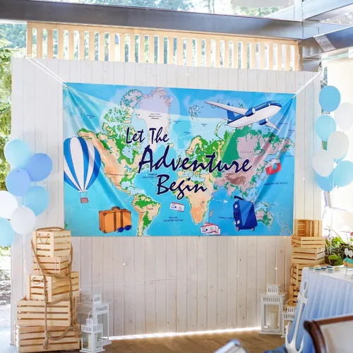 Miniatura 7 de WERNNSAI Bon Voyage - Telón de fondo para fiesta de cumpleaños con temática de viaje, 73 x 43 pulgadas, decoración de fiesta de cumpleaños