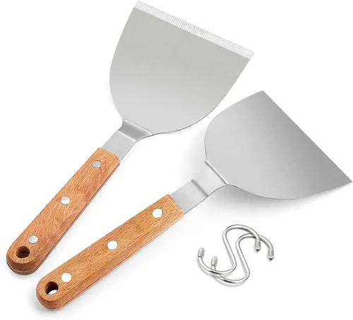 Miniatura 8 de HaSteeL - Juego de 2 espátulas de metal para plancha de acero inoxidable con asas de plástico ABS, herramientas profesionales para plancha