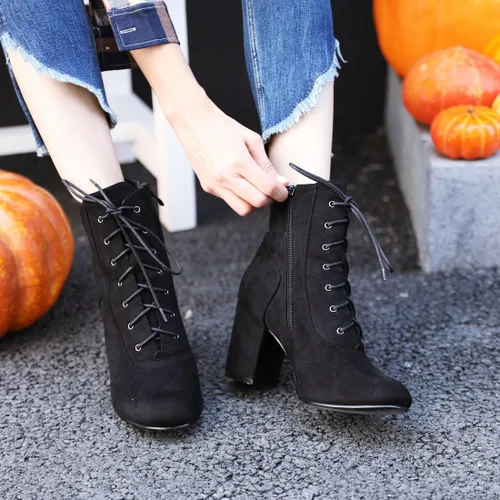 Miniatura 3 de Allegra K Botines de tacón grueso con cordones para mujer