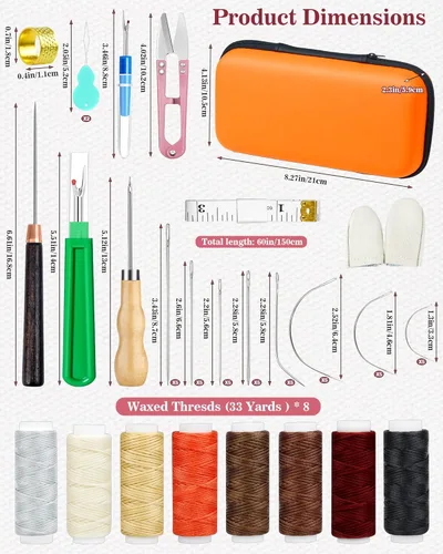 Miniatura 2 de PLANTIONAL Leather Sewing Kit, 47 Pcs Heavy Duty Upholstery Repair Kit with Waxed Thread, Sewing Awl, Hand Stitching Needles, Leatherworking Tools