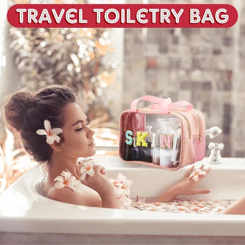 Miniatura 6 de Geetery Bolsa de maquillaje transparente de doble capa con parche de letras grandes de chenilla, con asa práctica, organizador de cosméticos