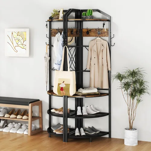 Miniatura 3 de Perchero esquinero con almacenamiento, árbol de entrada con banco y 10 ganchos de metal, perchero independiente para ropa y zapatos, organizador