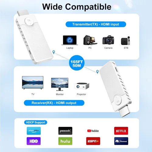 Miniatura 2 de HDMI inalámbrico para transmisión, kit de transmisor y receptor, baja latencia 1080P Full HD salida de video/audio, rango de 165 pies/50M con doble