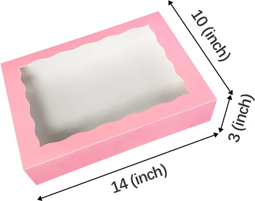 Miniatura 2 de Paquete de 15 cajas de pastelería rosa de 14 x 10 x 3 pulgadas, donas grandes, magdalenas, cajas de galletas con ventana de PVC, caja de papel