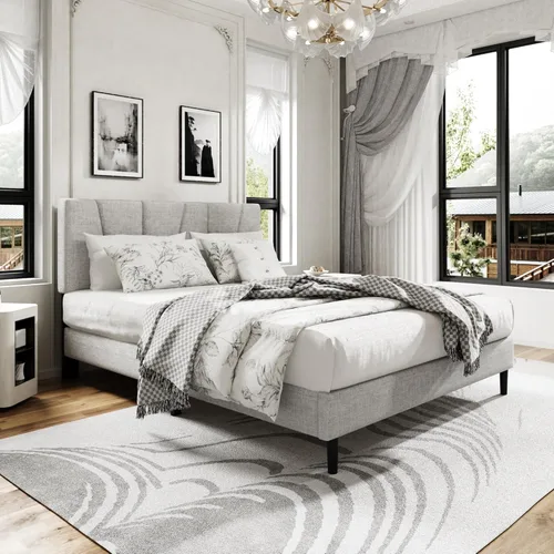 Miniatura 9 de Sismplly - Base de cama plataforma tamaño Queen con cabecero tapizado, soporte de listones de madera, sin ruido, no necesita somier, fácil montaje