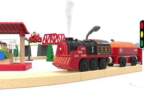 Miniatura 6 de Tren eléctrico de juguete para pistas de madera, juguetes de tren motorizado de Navidad para niños pequeños, tren a pilas incluye luces, sonidos