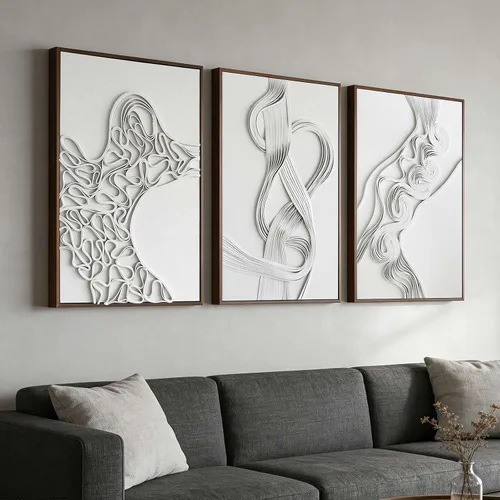 Miniatura 14 de Arte de pared abstracto texturizado 3D para dormitorio, 3 piezas de escultura moderna con marco neutro, pinturas cubistas geométricas de tono tierra
