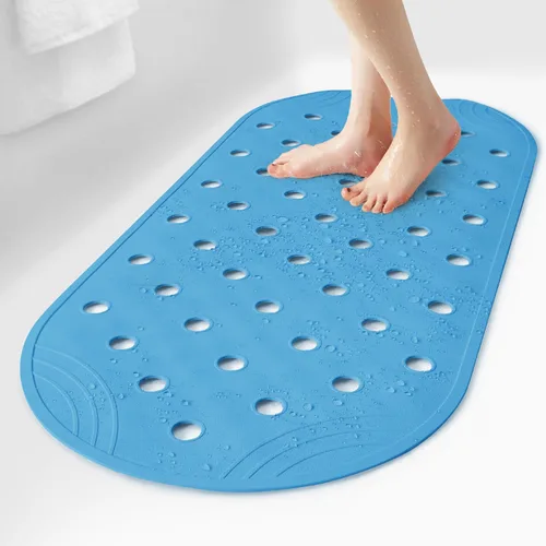Tapete de Goma para Bañera Tapete de Ducha Antideslizante, 31x14 Pulgadas, Tapete de Piso de Bañera con Ventosas y Orificios de Drenaje, Azul