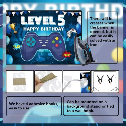 Miniatura 4 de Pancarta de nivel 5 desbloqueada con texto en inglés «Happy 5 Birthday» para decoración temática de videojuegos para niños y niñas, fiesta de 5