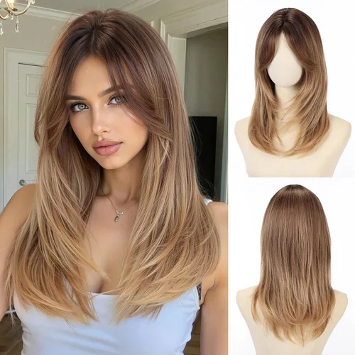 Miniatura 13 de Allbell - Peluca larga y lacia para mujer, color ombré castaño claro a rubio con flequillo, con reflejos, de cabello sintético, resistente al calor