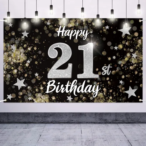Miniatura 46 de Decoración de feliz cumpleaños 37, cartel grande de fondo de cumpleaños de 37 años con estrella de ensueño negro y plateado – Decoración de fiesta