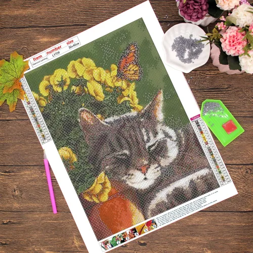 Miniatura 3 de KEOOID Kits de pintura de diamantes de flores para adultos, niños y principiantes, arte redondo con gemas de gato y mariposa con diamantes 5D