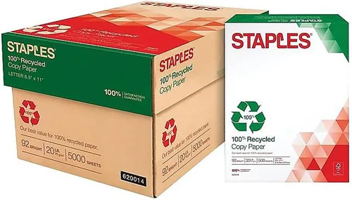 Staples Papel de copia 100% reciclado de 8.5 x 11 pulgadas, 20 libras, 92B 500/resma, 10 resmas/conteo, para oficina, escuela y hogar