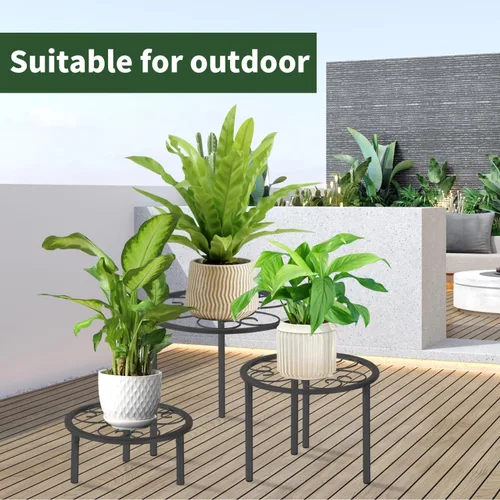 Miniatura 7 de Juego de 5 estantes de metal para plantas en maceta, estantes resistentes para plantas de diferentes tamaños, estantes de flores de hierro, Negro