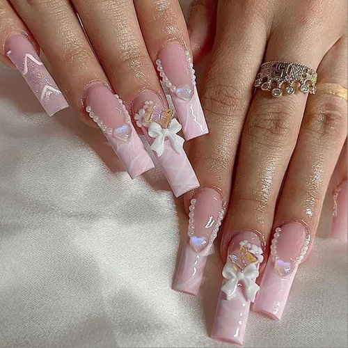 Miniatura 9 de Foccna - Uñas postizas 3D con flores, cuadradas, rosas, francesas, brillantes, con strass, largas, para manicura, 24 piezas