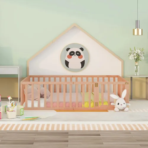 Miniatura 3 de Bellemave Cama de suelo para niños, marco de cama Montessori tamaño Queen con barandillas de valla para niños, camas de madera para niños y niñas